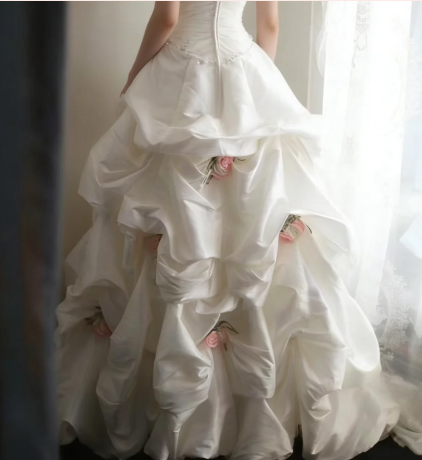 Elegant Strapless Ball Gown White Satin Pleated Floral Long Wedding Dress - View 4 | VelvetHem