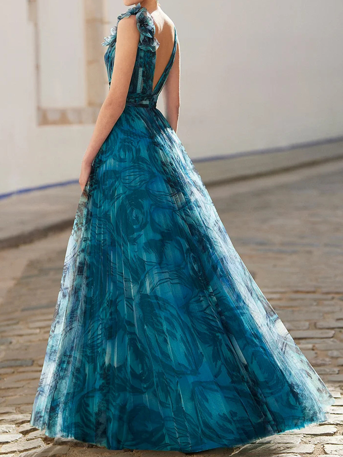 Peacock Blue Stereo Floral Decor Allover Pattern Maxi Dress