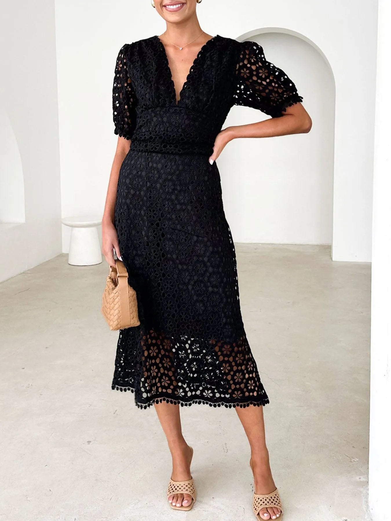 Serena Exclusive V Neck Lace Midi Dress with Puff Sleeves Chic Silhouette Collection