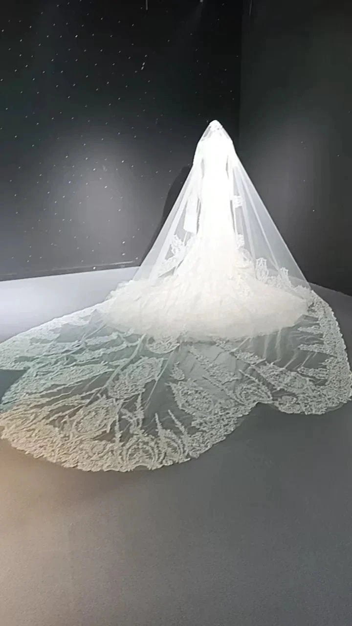V-neck long sleeved luxurious nail bead trailing bridal veil (ZD16770)