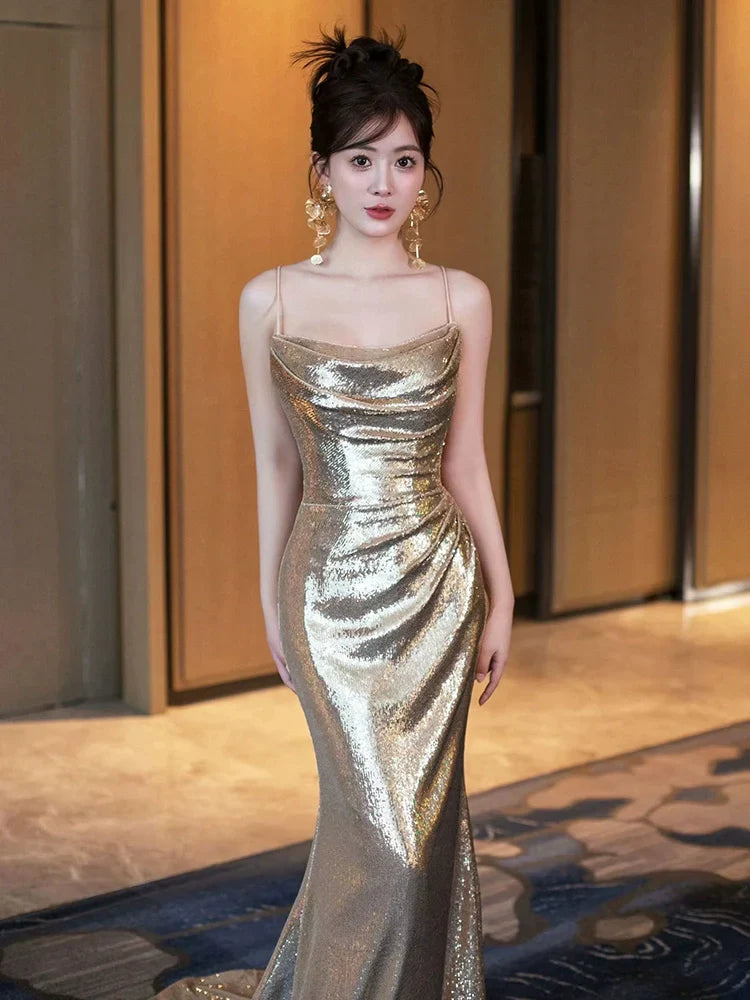 Gold Sequin Mermaid Long Prom Dress Sexy Evening Dresses - View 3 | VelvetHem