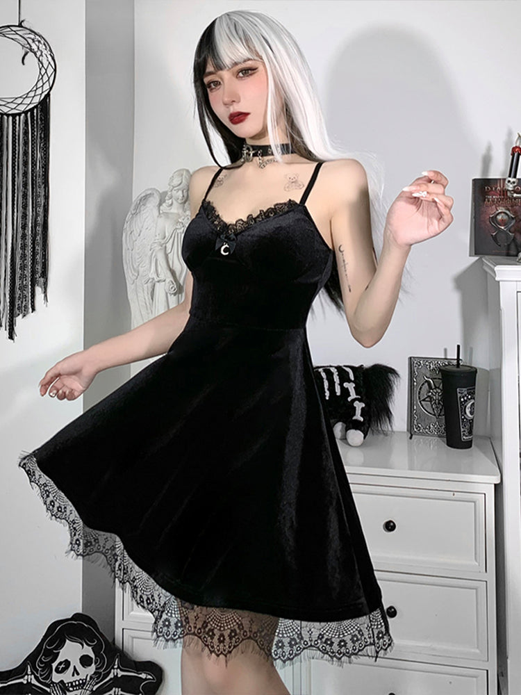 Velvet Spaghetti Strap Backless Moon Pendant Colorful Lace Trim A-Line Waist-in Sleeveless Corset Dress - VelvetHem