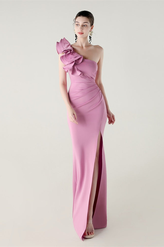 Ruffled Floral One Shoulder Satin Party Dress Purple / S