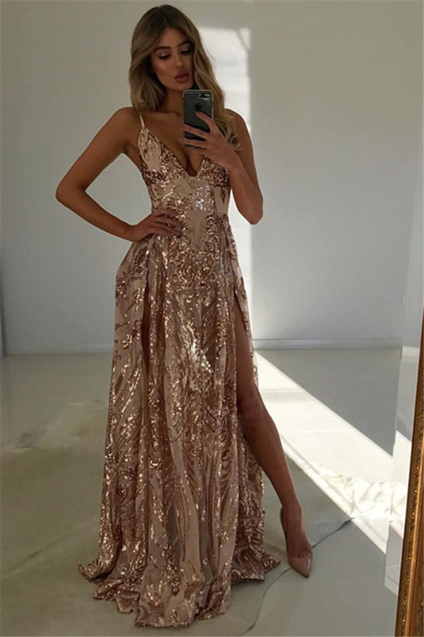 Spaghetti-Straps V-Neck Prom Dress Sequins Split Sleeveless Evening Gown - VelvetHem