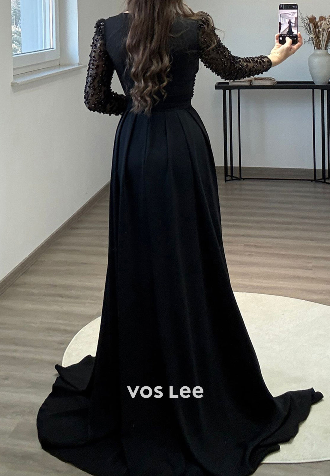 Formal Beaded V Neck Long Sleeves with Train Evening Dress Party Gown - View 8 | VelvetHem
