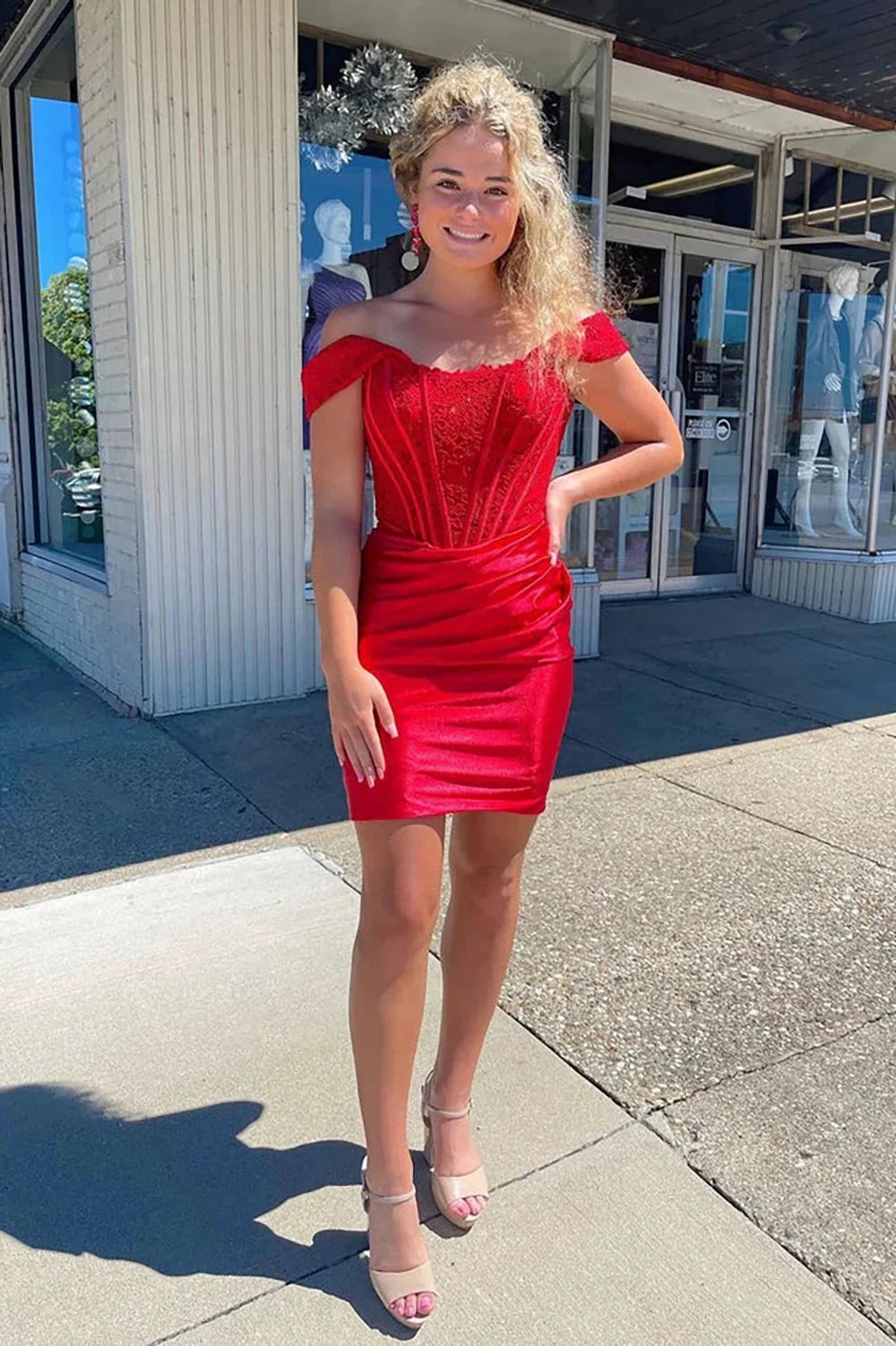 Cute Red Off the Shoulder Satin Homecoming Dresses with Lace by Ombreprom