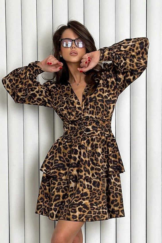 Leopard Print V Neck Ruffle Mini Dress