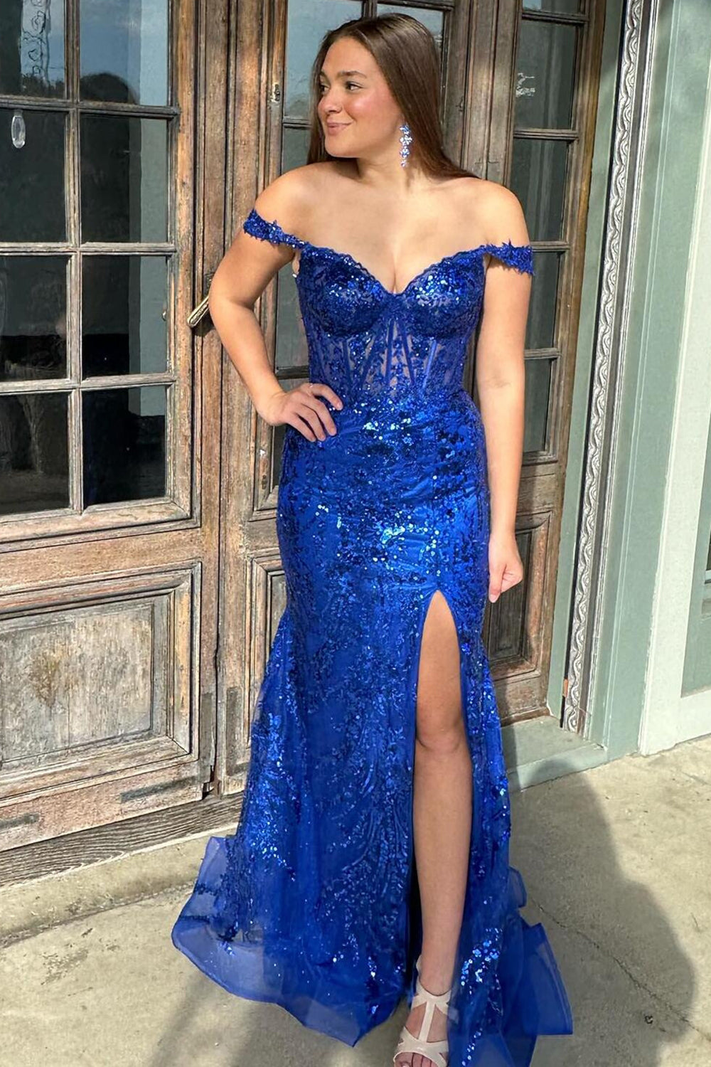 Sparkly Mermaid Off the Shoulder Silver Corset Prom Dress with Split Front
