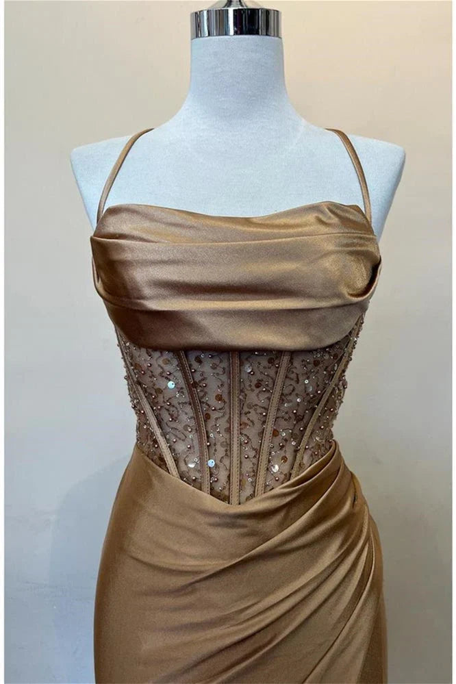 Trendy Mermaid Spaghetti Straps Green Corset Prom Dress with Split Front