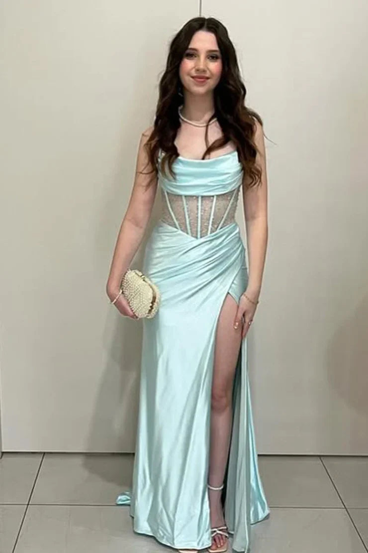 Trendy Mermaid Spaghetti Straps Green Corset Prom Dress with Split Front