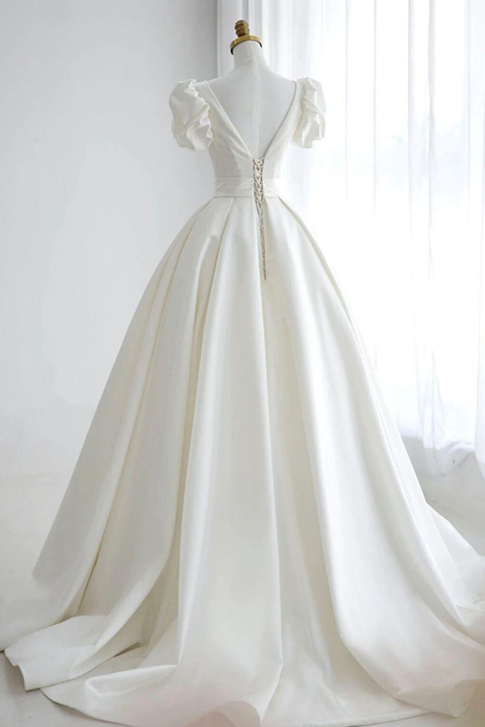 Elegant A Line V Neck White Wedding Dress with Short Sleeves - View 2 | VelvetHem