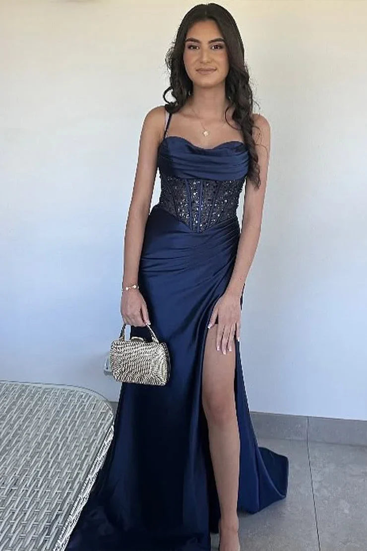 Trendy Mermaid Spaghetti Straps Green Corset Prom Dress with Split Front - View 9 | VelvetHem