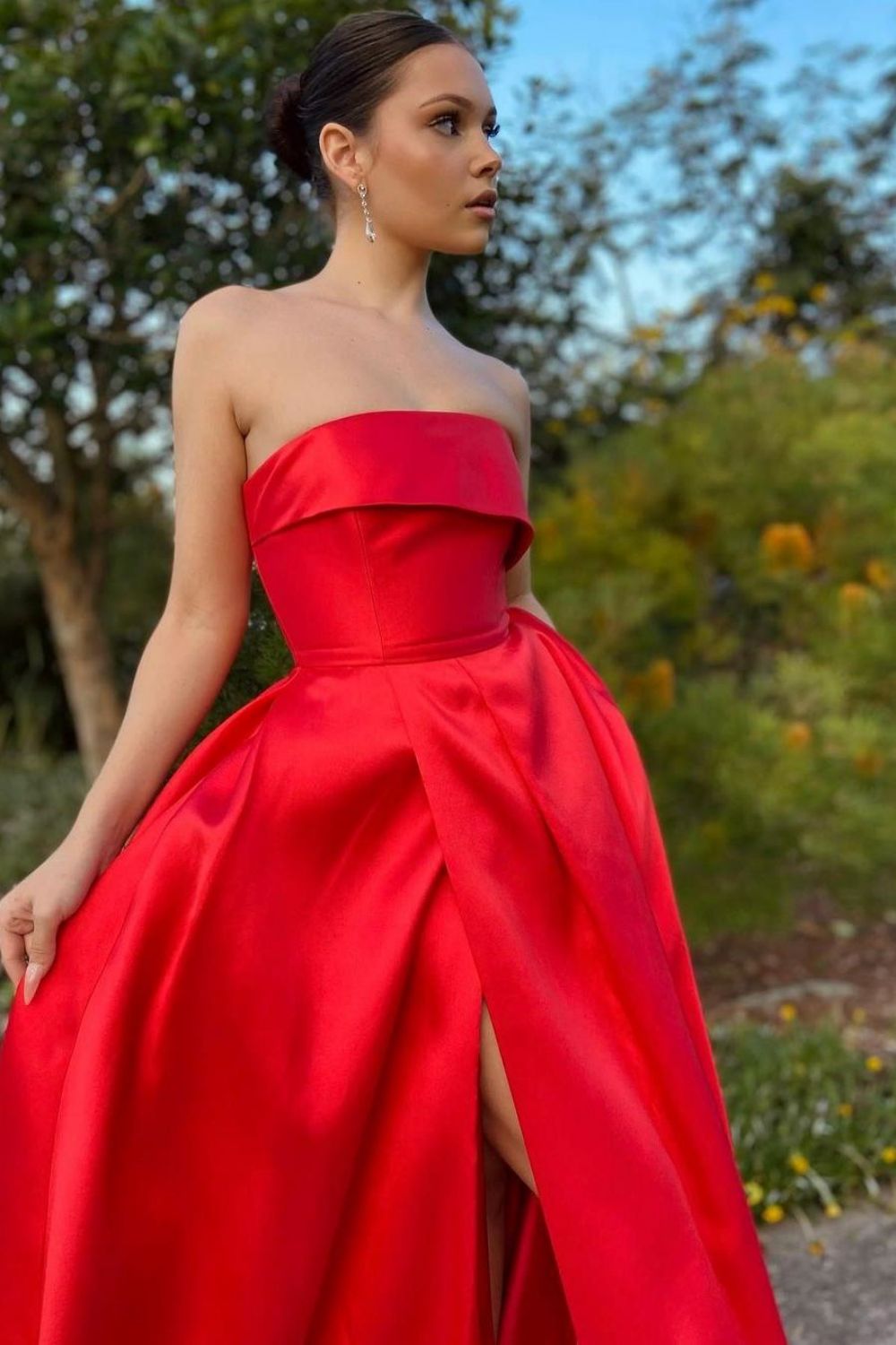 Trendy A Line Strapless Red Long Prom Dress with Split Front - View 3 | VelvetHem