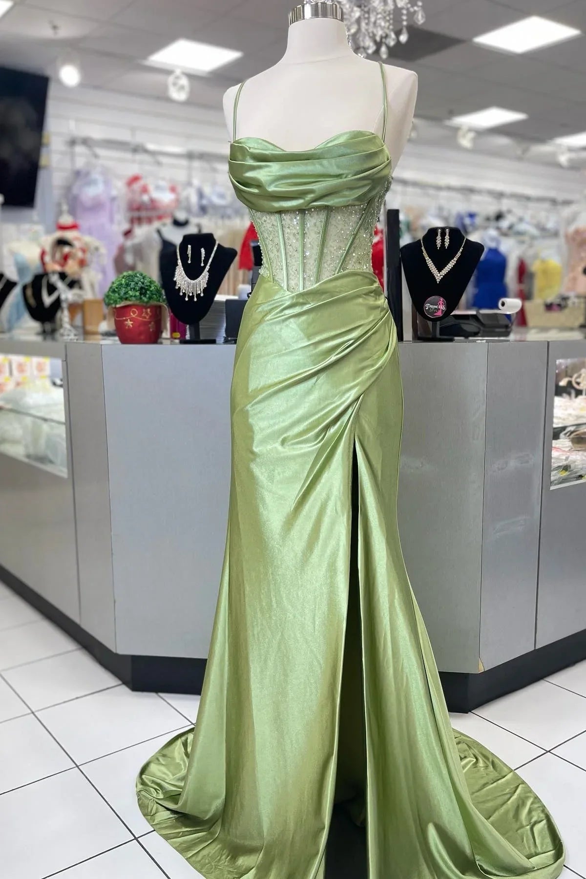 Trendy Mermaid Spaghetti Straps Green Corset Prom Dress with Split Front - View 11 | VelvetHem