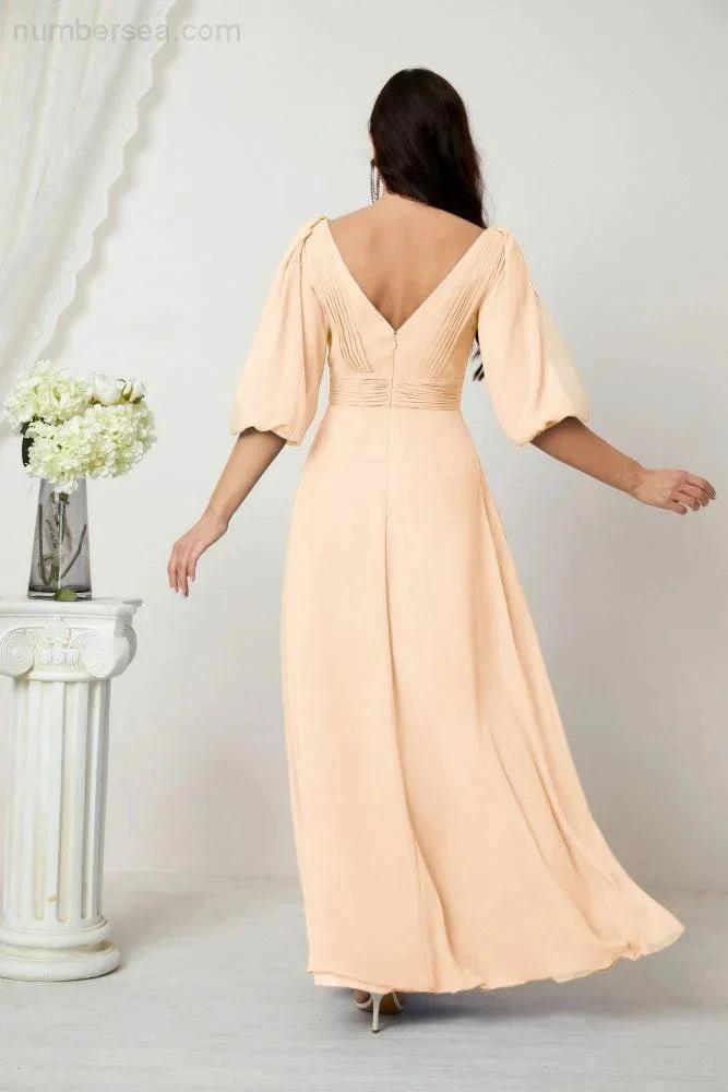 ZapDress  Formal Prom Gown Women V-Neck Chiffon Bridesmaid Dresses Long Bishop Sleeve Party Dress 2807 (ZD17027)