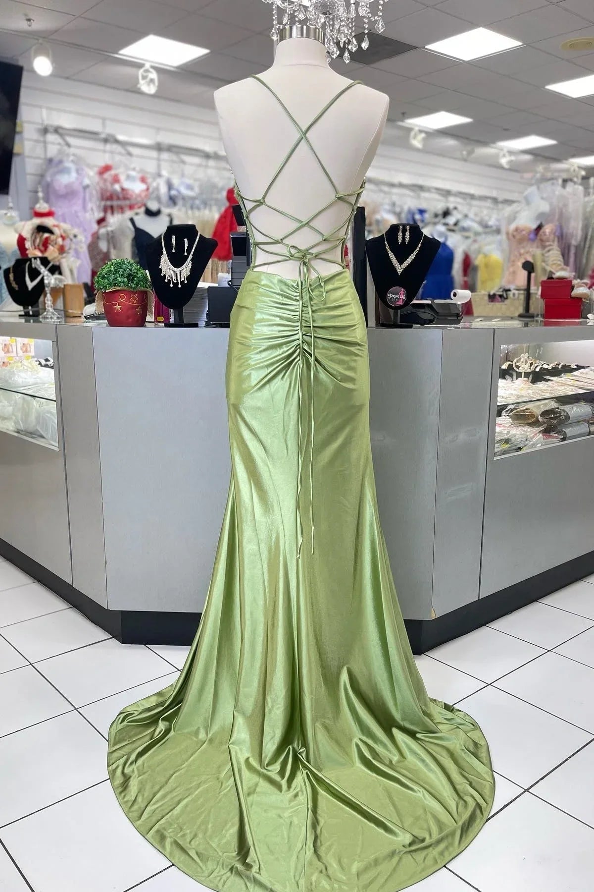 Trendy Mermaid Spaghetti Straps Green Corset Prom Dress with Split Front - View 12 | VelvetHem