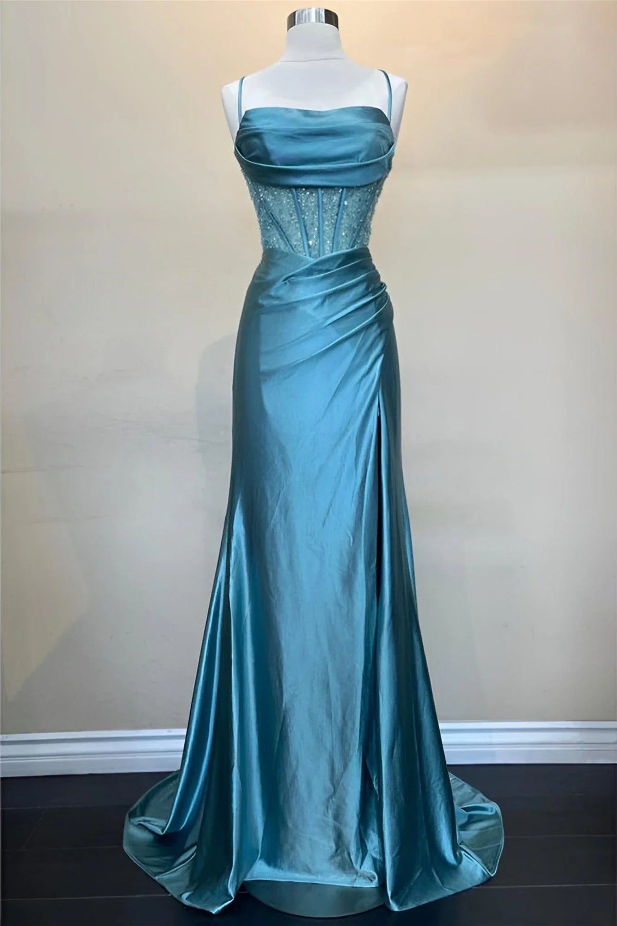 Trendy Mermaid Spaghetti Straps Green Corset Prom Dress with Split Front - View 14 | VelvetHem