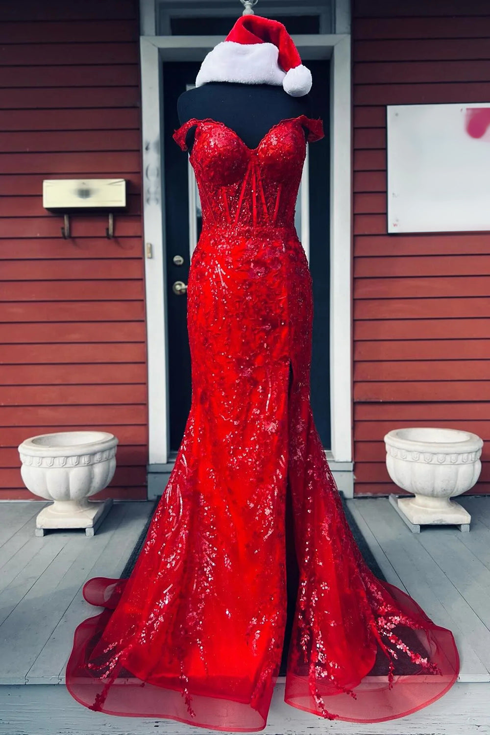 Sparkly Mermaid Off the Shoulder Silver Corset Prom Dress with Split Front