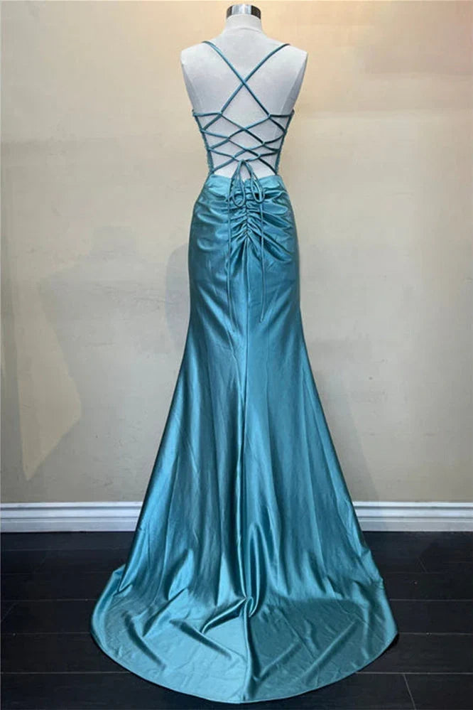 Trendy Mermaid Spaghetti Straps Green Corset Prom Dress with Split Front - View 15 | VelvetHem