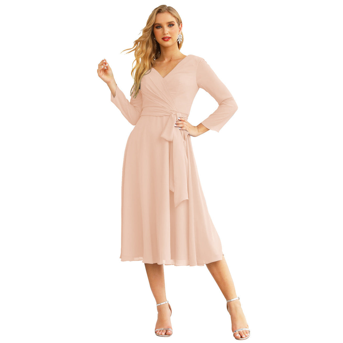 Sunnderly Chiffon Bridesmaid Dress V-Back Waist Belt Formal Prom Gown Mother of The Bride Wedding Guest