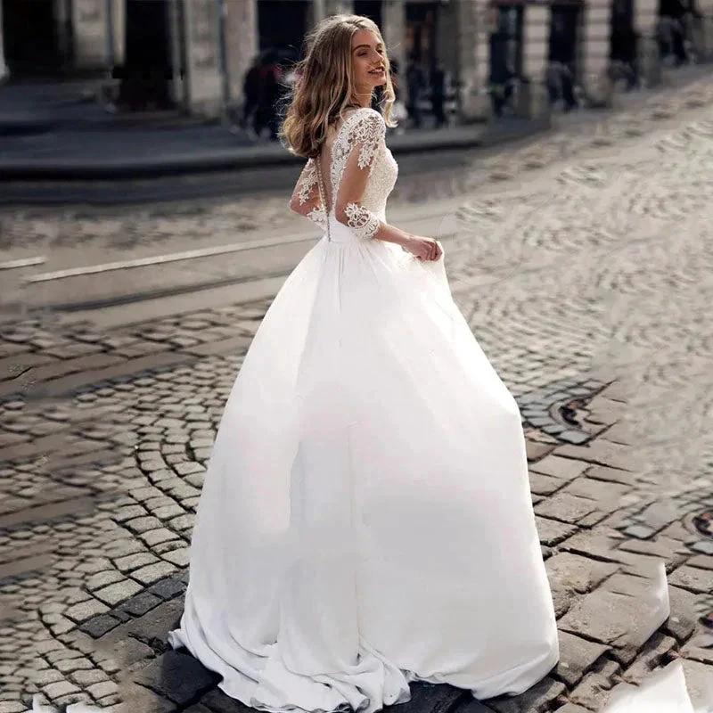 JEHETH Lace Appliques Wedding Dresses For Women Satin Elegant A Line Illusion Back With Button Bride Dress Vestidos de Novia (ZD13382)