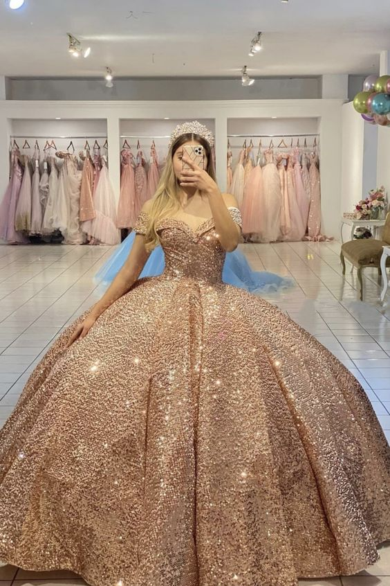 Rose Gold Sequin Quinceanera Dress Off The Shoulder Ball Gown - VelvetHem