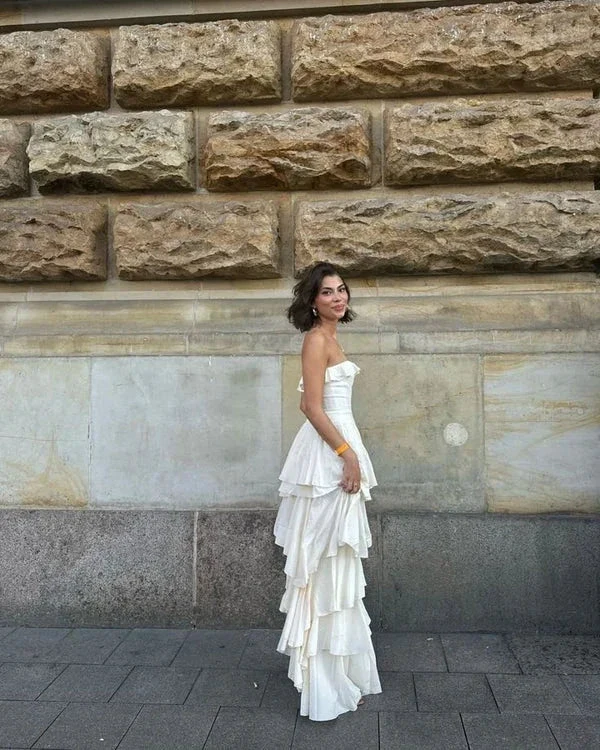 Elegant Strapless Satin Layered Slit Evening Dress,Formal Ivory Prom Dress Wedding Dress (ZD13572)