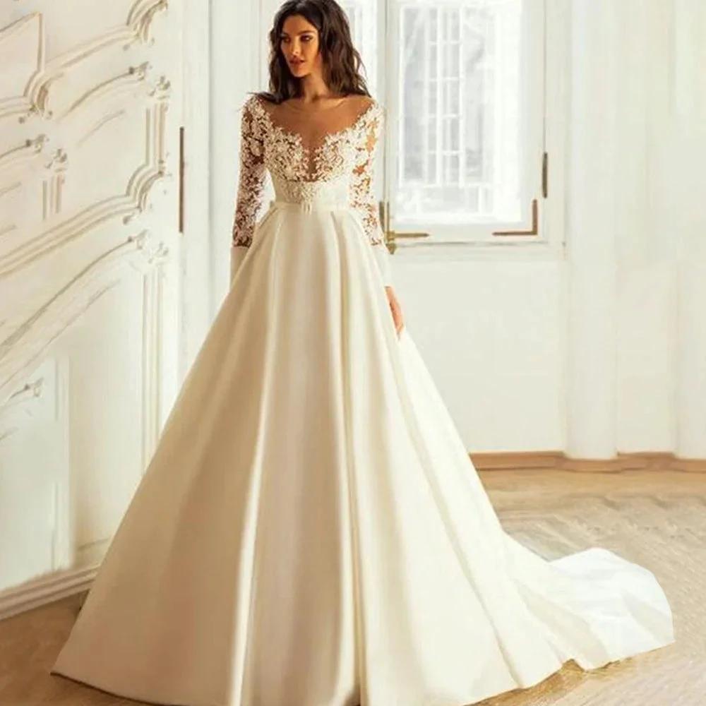 Elegant Wedding Dresses Long Sleeves For Women Princess A Line Bridal Gowns Custom Made Lace Appliques Satin Robe De Mariee (ZD13457) - VelvetHem