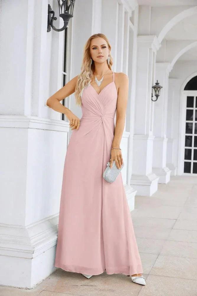 Ladies Chiffon Spaghetti Strap V Neck Front Slit Floor Length Bridesmaid Evening Dress Prom Party Wedding Evening Dress 28116 by numbersea
