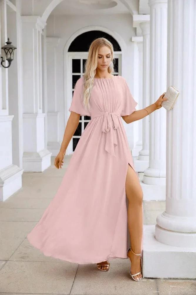Ladies Chiffon Sleeve Crew Neck Front Slit Floor Length Bridesmaid Evening Dress Wedding Party Evening Dress 28124 by numbersea