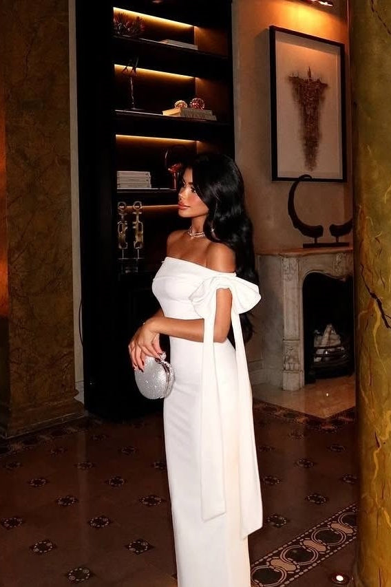 Elegant Mermaid Off the Shoulder White Long Party Dress with Bowknot
