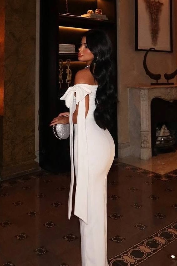 Elegant Mermaid Off the Shoulder White Long Party Dress with Bowknot