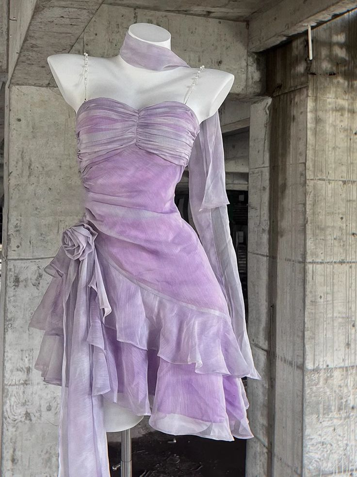 Elegant Spaghetti Straps Ruffles Lilac Cocktail Dress Homecoming Dress - View 3 | VelvetHem