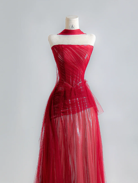 Strapless Red A Line Prom Dress Tulle Birthday Outfit Evening Dress - View 4 | VelvetHem