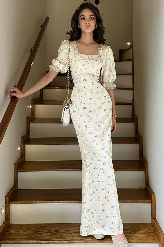Satin Puff Sleeve Floral Dress - VelvetHem