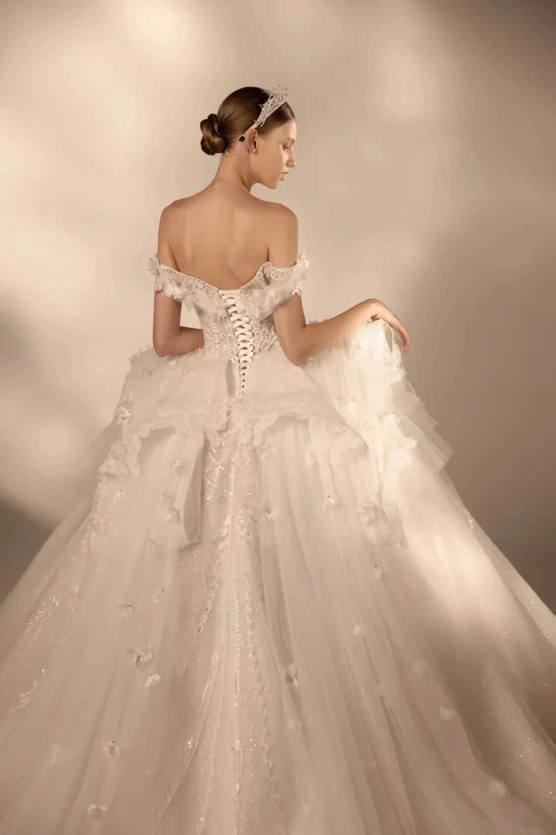 Gorgeous Long Ball Gown Off-the-Shoulder Tulle Wedding Dress with 3D Floral & Crystal Embroidery & Cathedral Train (ZD16910)