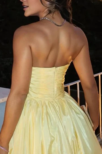 Fashion Strapless Yellow Satin Pleated A Line Long Wedding Guest Dress Evening Dress - View 3 | VelvetHem