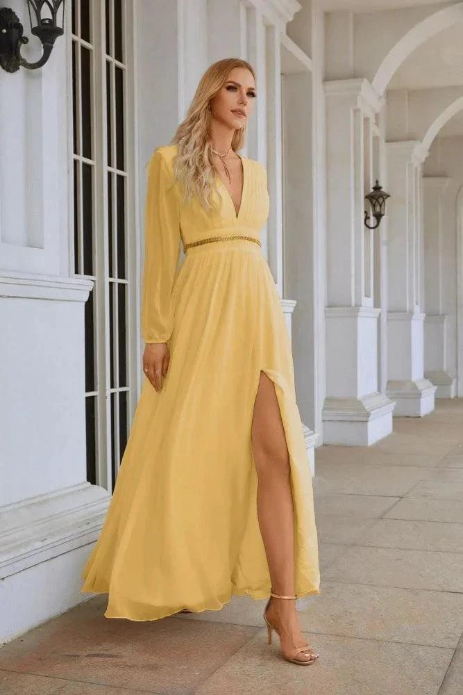 Ladies V Neck Chiffon Long Sleeve Front Slit Bridesmaid Evening Dress Wedding Party Shopping Evening Dress 28109 by numbersea