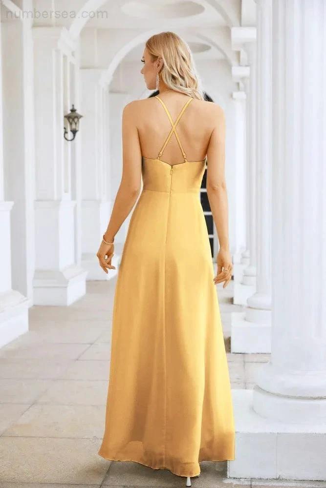 Ladies Chiffon Spaghetti Strap V Neck Front Slit Floor Length Bridesmaid Evening Dress Prom Party Wedding Evening Dress 28116 (ZD17012)