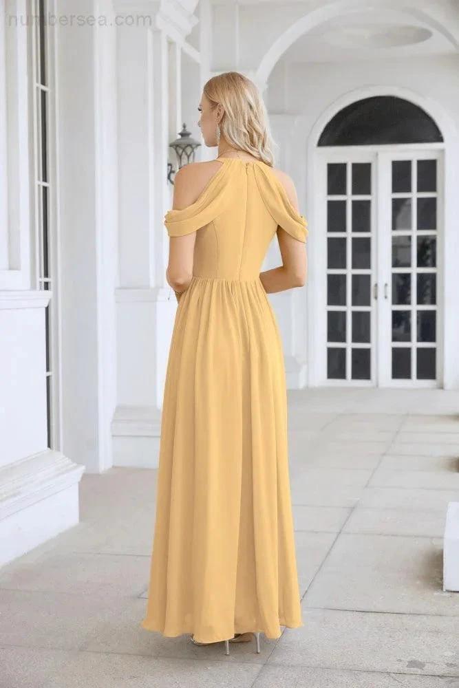 Ladies Chiffon Off Shoulder Swing Sleeve Front Slit Bridesmaid Evening Dress Wedding Party Evening Dress 28117 (ZD17011)