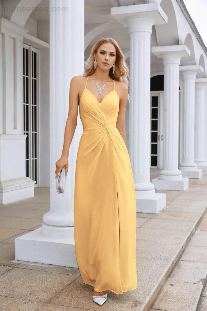 Ladies Chiffon Spaghetti Strap V Neck Front Slit Floor Length Bridesmaid Evening Dress Prom Party Wedding Evening Dress 28116 (ZD17012)