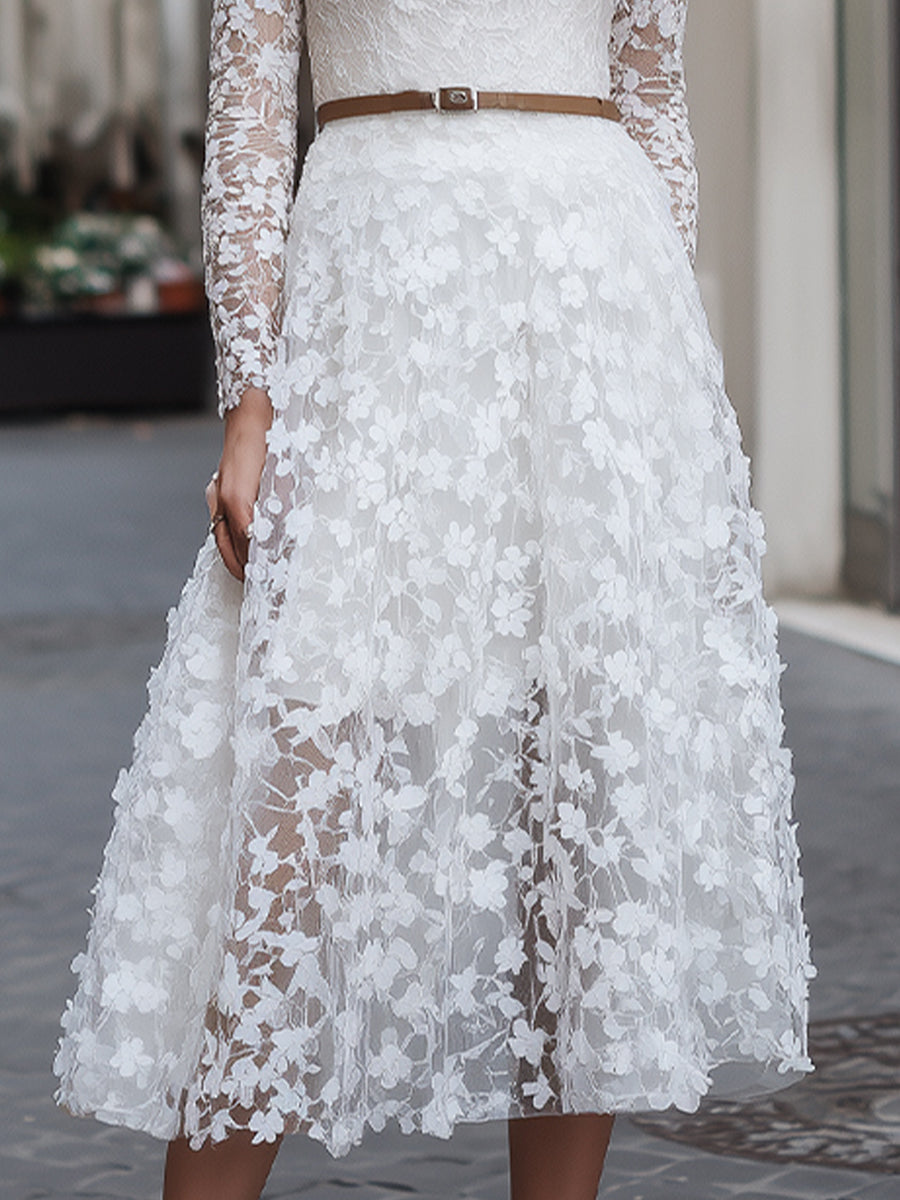 Elegant Floral Lace Long-Sleeve Midi Dress