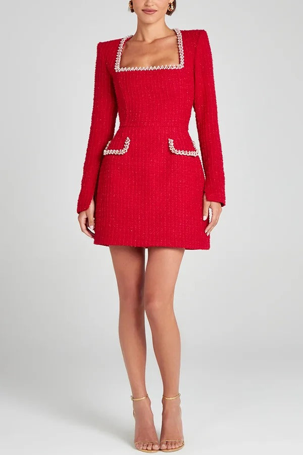 Lexi Timeless Girly and Mini Dress in Tweed Fabric with Beaded Trim, Long Slit Sleeves and Pockets Boutique Collection