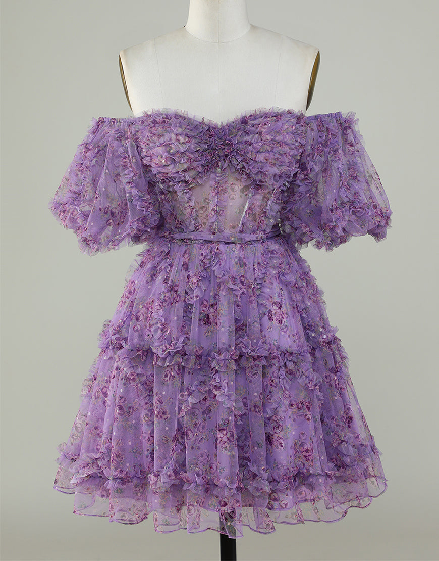 Pretty Fuchsia Puff Sleeves A-Line Short Party Dress
