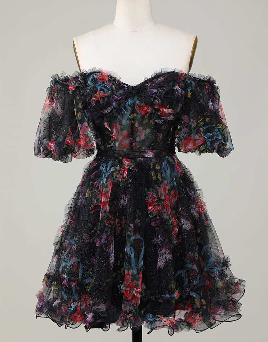 Pretty Fuchsia Puff Sleeves A-Line Short Party Dress