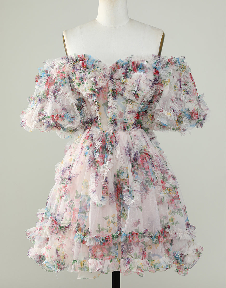 Pretty Cute Puff Sleeves A-Line Short Homecoming Party Dress