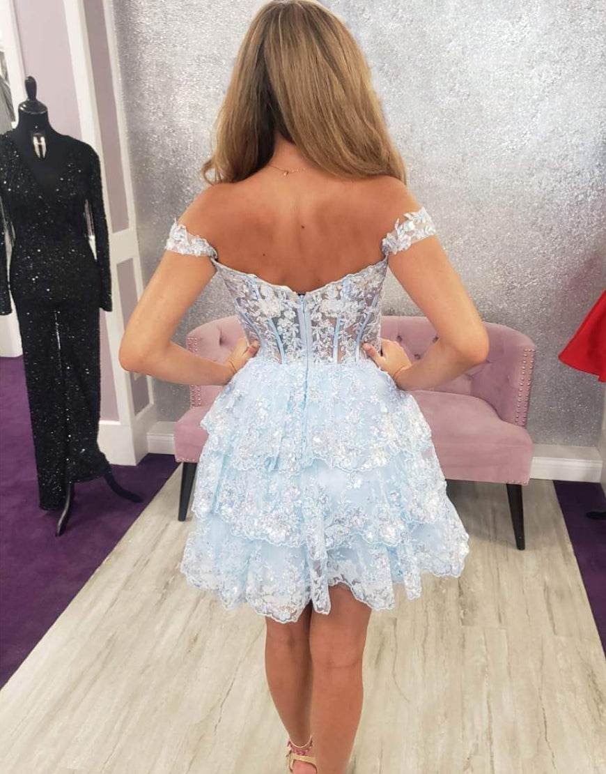 Dark Blue Off The Shoulder A-Line Tiered Short Party Dress - View 3 | VelvetHem