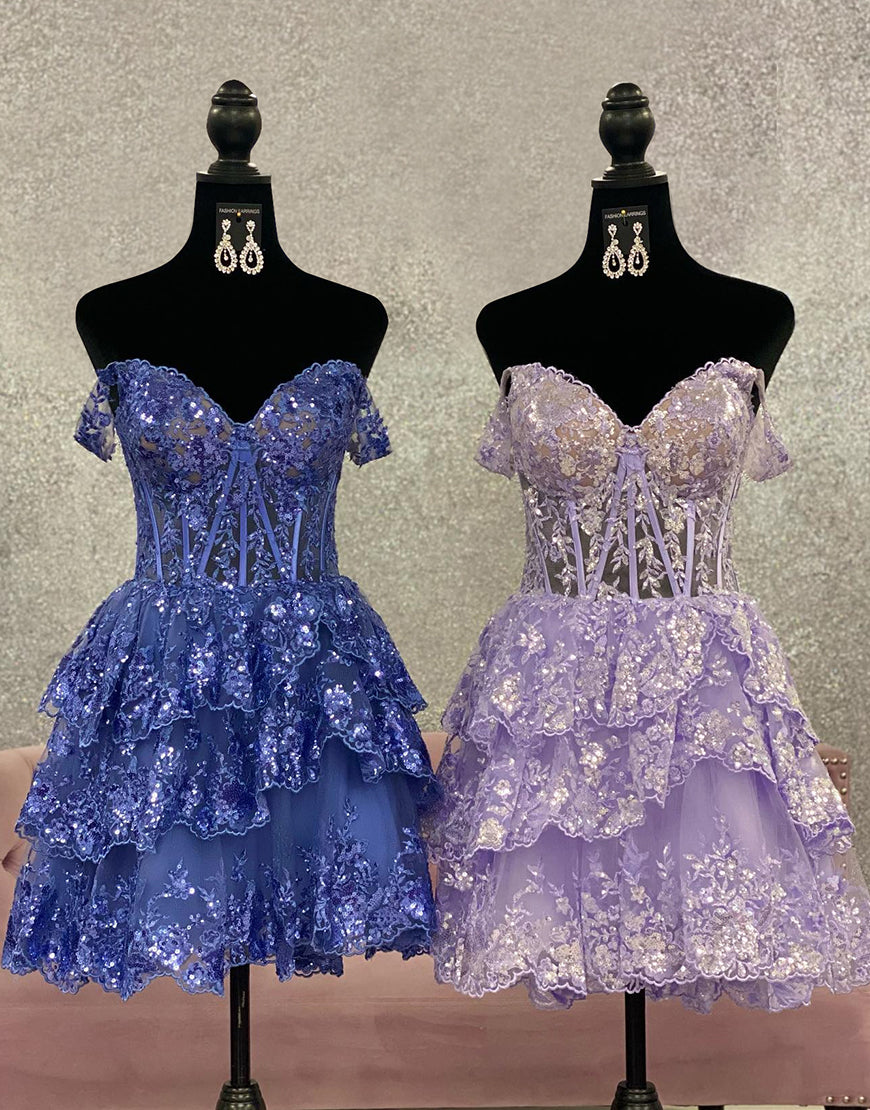 Dark Blue Off The Shoulder A-Line Tiered Short Party Dress - VelvetHem