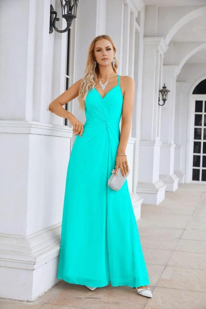 Ladies Chiffon Spaghetti Strap V Neck Front Slit Floor Length Bridesmaid Evening Dress Prom Party Wedding Evening Dress 28116 by numbersea