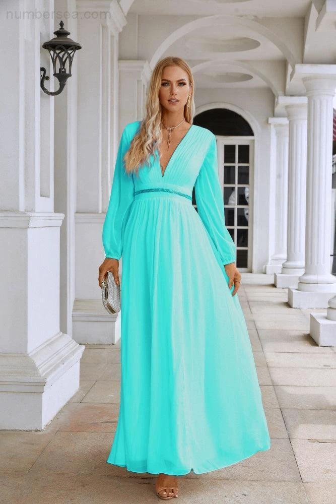 Ladies V Neck Chiffon Long Sleeve Front Slit Bridesmaid Evening Dress Wedding Party Shopping Evening Dress 28109 (ZD16991)